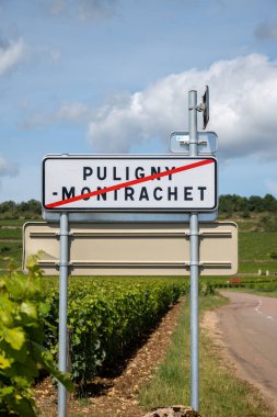 Yol tabelası Puligny-Montrachet köyü, Burgundy France şarabı. Chardonnay üzümlerinden yapılan kaliteli beyaz şarap Grand Cru sınıfı üzüm bağları ve pelerinlerde