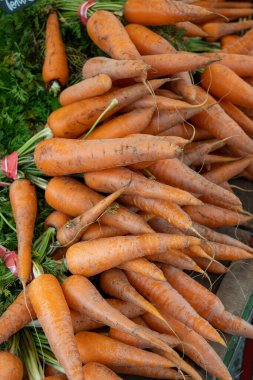 Mevsimlik yerel sebzeler ve meyvelerle açık hava pazarında taze yaz havuçları.