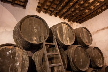 Eski Endülüs şarap mahzeninde solera sistemleri, fıçılarda yıllanmış şarap, sono, manzanilla, olorosso, amontillado jerez güçlendirilmiş şarap, Sanlucar de Barrameda, Cadiz, Endülüs, İspanya