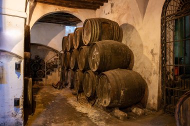 Eski Endülüs şarap mahzeninde solera sistemleri, fıçılarda yıllanmış şarap, sono, manzanilla, olorosso, amontillado jerez güçlendirilmiş şarap, Sanlucar de Barrameda, Cadiz, Endülüs, İspanya