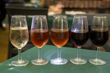 Beş fıçı şarap, fino, manzanilla, olorosso, amontillado, pedro ximenez jerez şarapları eski meyhanede, şarap tatma, Sanlucar de Barrameda, Cadiz, Endülüs, İspanya