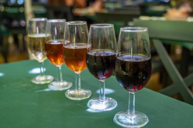 Beş fıçı şarap, fino, manzanilla, olorosso, amontillado, pedro ximenez jerez şarapları eski meyhanede, şarap tatma, Sanlucar de Barrameda, Cadiz, Endülüs, İspanya
