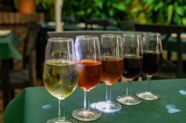 Beş fıçı şarap, fino, manzanilla, olorosso, amontillado, pedro ximenez jerez şarapları eski meyhanede, şarap tatma, Sanlucar de Barrameda, Cadiz, Endülüs, İspanya
