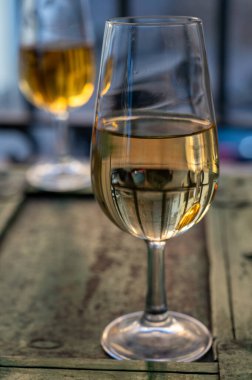Şarap tatma, fino, olorosso, amontillado, kremalı Jeremy Sherry. Jerez de la Frontera, Cadiz, Endülüs, İspanya 'da palomino beyaz üzümünden yapılmış.