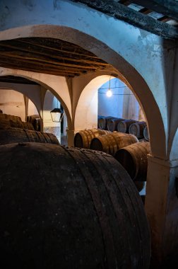 Eski Endülüs şarap mahzeninde solera sistemleri, fıçılarda yıllanmış şarap, sono, manzanilla, olorosso, amontillado jerez güçlendirilmiş şarap, Sanlucar de Barrameda, Cadiz, Endülüs, İspanya