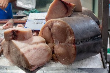 Balıklar, karidesler, karidesler, karidesler, deniz kabukları, buzdaki yumuşakçalar Jerez de la Frontera, Endülüs, İspanya 'da balık pazarında.