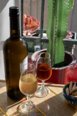 Sherry fino, manzanilla, olorosso şarabı, Jerez de la Frontera, Cadiz, Endülüs, İspanya 'nın eski kesimindeki Endülüs evinde servis edilen palomino beyaz üzümünden yapılmış güçlendirilmiş şarap.