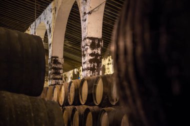 Solera system in old bodega, Andalusian wine cellar, process for aging different sherry wine in barrels, producing of jerez fortified wine, Jerez de la Frontera, Andalusia, Spain clipart