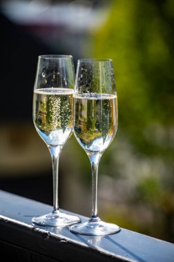 Köpüklü beyaz şarap tatmak, Lüksemburg 'daki Moselle Nehri vadisinde mağaralarda yarılmayı sağlayan geleneksel şampanya metodu, bir bardak şarap.