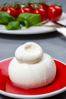 Taze İtalyan peyniri, beyaz burrata topları ya da mozzarella ve kremadan yapılmış burratina peyniri yemek.