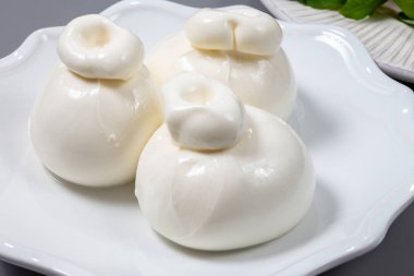 Taze İtalyan peyniri, beyaz burrata topları ya da mozzarella ve kremadan yapılmış burratina peyniri yemek.