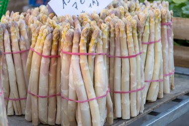 Souillac, Dordogne, Fransa 'daki yerel çiftçi pazarında satılık taze çiğ, pembe kuşkonmaz sebzeleri. Payrignac 'ta yerel üretilen 1 kg deste