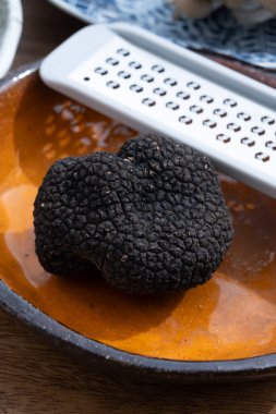 Lezzetli mantarlar, İtalya 'dan taze siyah mantar mantarı ve lezzetli aromalı mantar yemekleri yapmak için rende.