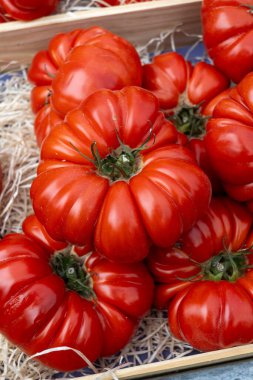 French red summer salad tomatoes, new harvest of big heirloom tomatoes on market in Provence, France, vegetarian food clipart