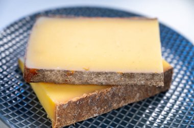 Fransız sarı peynir kontu, çeşitli pastörize edilmemiş inek sütü Prestij, meyveli meyve ve Vieille Reserve yakın plan