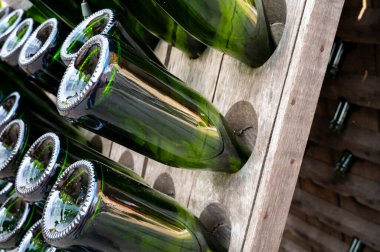 Büyük Cru köyü Ambonnay, Champagne, Fransa 'da eski bir şampanya yetiştiricisi ve üreticisinin ziyareti. Boş şampanya şişeleri ahşap pupitre bulmaca raflarında