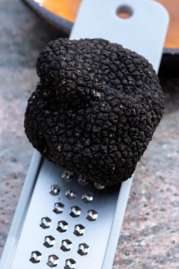 Lezzetli mantarlar, İtalya 'dan taze siyah mantar mantarı ve lezzetli aromalı mantar yemekleri yapmak için rende.