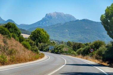 Dağ yollarında araba kullanmak, yaz mevsiminde ulusal park la Sierra de Grazalema, İspanya 'nın Endülüs beyaz köyleri turistik rotası