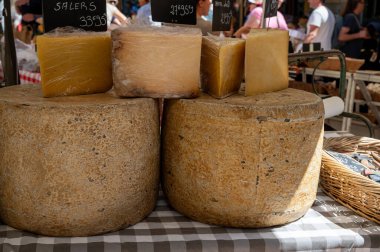 Peynir koleksiyonu, sert Fransız peyniri eski kantal fermier çiğ inek sütünden yapılmış kabuklu Fransa 'daki çiftçi pazarında