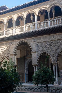 İspanya 'nın eski tarihi Endülüs kasabası Seville' deki saray duvarlarına oyulmuş süs. Evlere, sokaklara, binaların mimari detaylarına bak. Seyahat hedefi.
