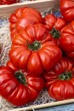 French red summer salad tomatoes, new harvest of big heirloom tomatoes on market in Provence, France, vegetarian food clipart