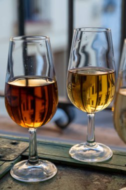 Şarap tatma, fino, olorosso, amontillado, kremalı Jeremy Sherry. Jerez de la Frontera, Cadiz, Endülüs, İspanya 'da palomino beyaz üzümünden yapılmış.