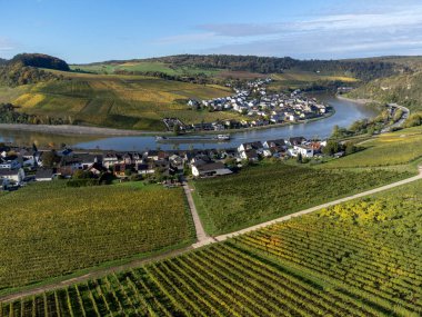 Nittel, Rhineland-Palatinate, Almanya çevresindeki teraslı üzüm bağlarının ve sonbaharda Grevenmacher yakınlarındaki Lüksemburg 'un üzüm bağı tepelerindeki Moselle Nehri' nin manzarası.