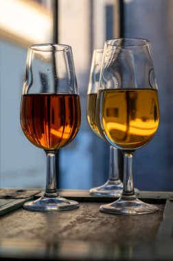 Şarap tatma, fino, olorosso, amontillado, kremalı Jeremy Sherry. Jerez de la Frontera, Cadiz, Endülüs, İspanya 'da palomino beyaz üzümünden yapılmış.