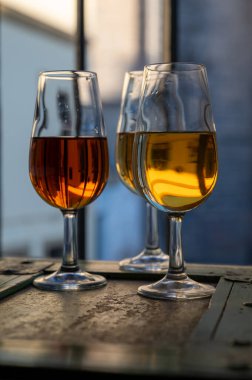 Şarap tatma, fino, olorosso, amontillado, kremalı Jeremy Sherry. Jerez de la Frontera, Cadiz, Endülüs, İspanya 'da palomino beyaz üzümünden yapılmış.