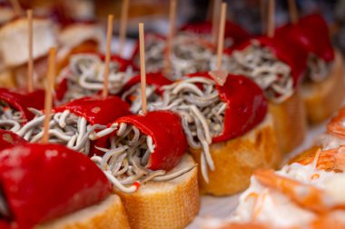 Bask ülkesinin tipik aperatifleri, küçük ekmek parçaları, deniz ürünleri, yumurta, peynir, San-Sebastian veya Bilbao, İspanya 'daki barlarda servis edilen jamon şişleriyle kapatılıyor.