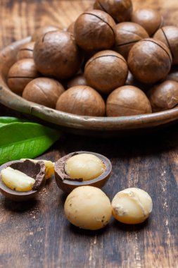 Avustralya Queensland Macadamia fındığı, ya da çalılık, maroochi, bauple fındığı, kesilmiş fındık, taze hasat yakın