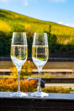 Tasting of sparkling white wine, traditional champagne method making of cremant in caves on Moselle river valley in Luxembourg, glasses of wine and view on terraced vineyards clipart