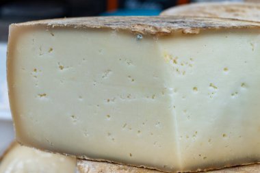Biarritz, Fransa, Bask Bölgesi ve Pireneler 'de satılık koyun, inek ve keçi peyniri, Tomme, Fermier Brebis, çiftçi organik peynir