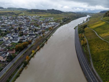 Aerial view of terraced vineyards around Nittel, Rhineland-Palatinate, Germany and views across Moselle River on vineyard hills of Machtum, Luxembourg in autumn clipart