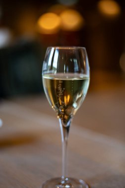 Köpüklü beyaz şarap tatmak, Lüksemburg 'daki Moselle Nehri vadisinde mağaralarda yarılmayı sağlayan geleneksel şampanya metodu, bir bardak şarap.