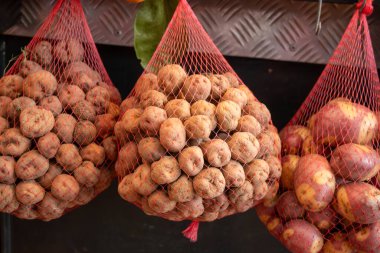 Küçük tatlı patates papalar markette, ana yemek kanarya adalarında, çok tuzlu pişirilmiş ve mojo sosuyla servis edilmiş, ağlarda asılı.