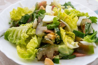 Yeşil romaine marullu yeşil sağlıklı salata, yeşil kumato domates, yumurta ve salatalık, çocuklar için sağlıklı öğle yemeği