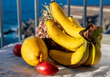 İspanya 'da çevre tarımı, Tenerife adası ve mavi deniz manzaralı tropikal organik sarı Kanarya muzları, ananas, papaya ve tamarillo meyveleri, Kanarya adaları