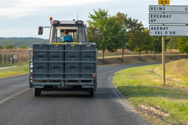 Üzüm hasadı işi, traktör dolusu üzümle baskı ve meyve suyu çıkarma, Gran Cru köyleri. Şampanyada Sonbahar Şarap Sanayi Bölgesi, Fransa.