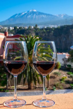 Wine making on bodegas wineries on volcanic soils of Mount Teide in Ycoden-Daute-Isora wine region on Tenerife, Canary islands winter sun vacation, Spain, red wine glasses outdoor clipart