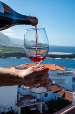 Tenerife 'deki Ycoden-Daute-Isora Dağı' nın volkanik topraklarında şarap imalathanelerinde şarap üretiliyor. Kanarya Adaları kış tatili, İspanya, açık havada kırmızı şarap bardakları.