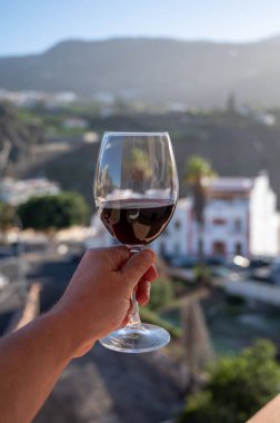 Wine making on bodegas wineries on volcanic soils of Mount Teide in Ycoden-Daute-Isora wine region on Tenerife, Canary islands winter sun vacation, Spain, red wine glasses outdoor clipart