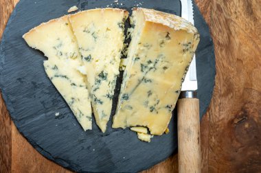 Peynir koleksiyonu, İngiliz ineği sütü yarı yumuşak, eski püskü mavi peynir yakından, peynir tatma çiftliği