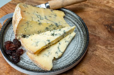 Peynir koleksiyonu, İngiliz ineği sütü yarı yumuşak, eski püskü mavi peynir yakından, peynir tatma çiftliği