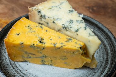 Peynir koleksiyonu, İngiliz ineği sütü yarı yumuşak, parçalanmış mavi ayaklık ve mavi sarı shropshire peyniri yakın, peynir tatma çiftliği