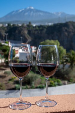 Wine making on bodegas wineries on volcanic soils of Mount Teide in Ycoden-Daute-Isora wine region on Tenerife, Canary islands winter sun vacation, Spain, red wine glasses outdoor clipart