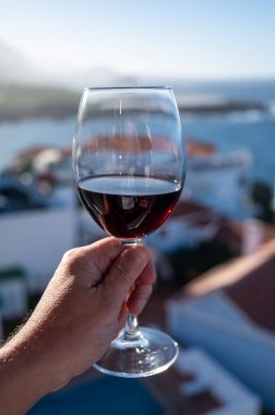 Tenerife 'deki Ycoden-Daute-Isora Dağı' nın volkanik topraklarında şarap imalathanelerinde şarap üretiliyor. Kanarya Adaları kış tatili, İspanya, açık havada kırmızı şarap bardakları.