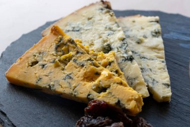 Peynir tabağı, İngiliz sütü yarı yumuşak, parçalanmış mavi ayaklık ve mavi sarı shropshire peyniri yakın, peynir tatma çiftliği, dilimlenmiş peynir