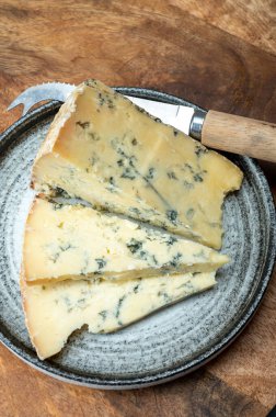 Peynir koleksiyonu, İngiliz ineği sütü yarı yumuşak, eski püskü mavi peynir yakından, peynir tatma çiftliği