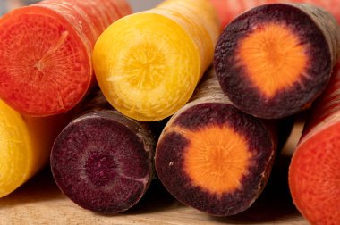 Renkli taze çiğ mor, sarı, kırmızı ve mor turuncu havuç Hollanda 'daki seradan sebze kökü, sağlıklı besin maddeleri.